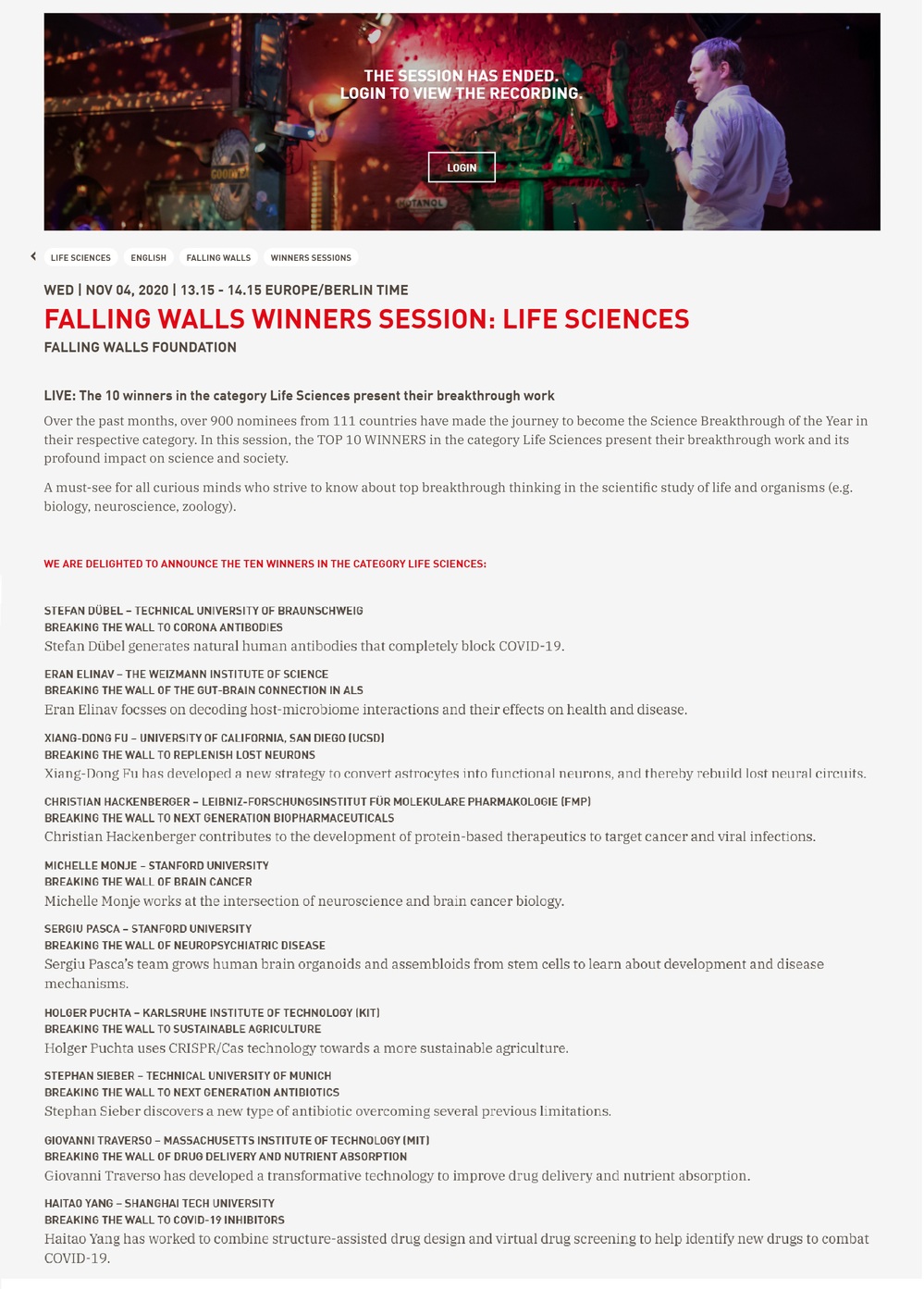Falling Walls Honors SIAIS Professor Yang Haitao as one of the 10 Winners in Life Sciences Category