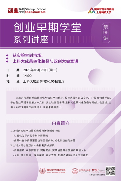 创业早期学堂第九十六讲·从实验室到市场:上科大成果转化路径与双创大会宣讲